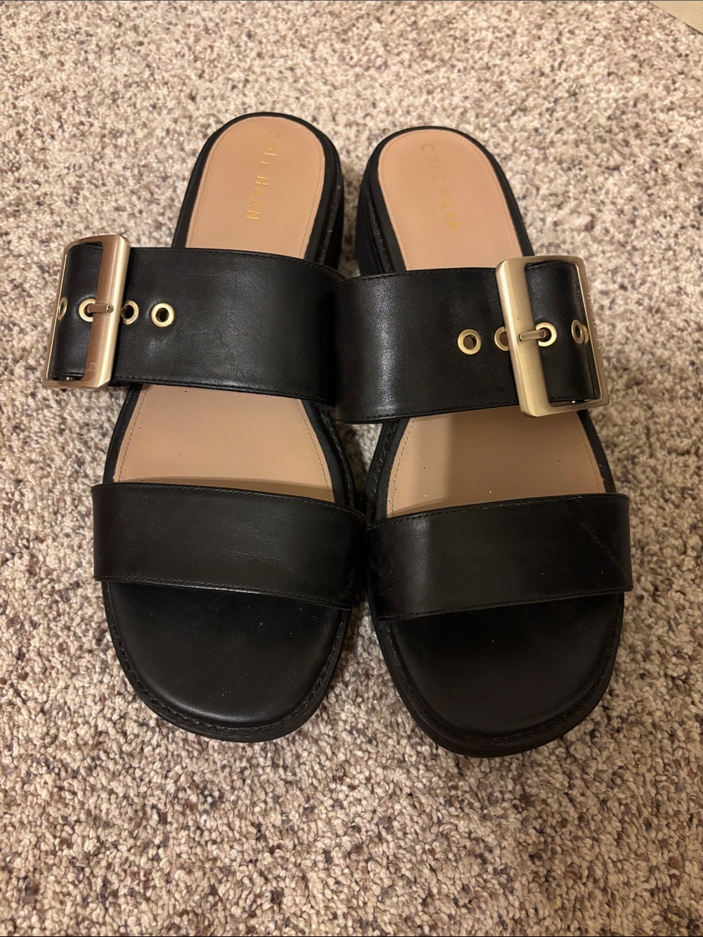 Cole Haan Black Slide Mules with Gold Buckles